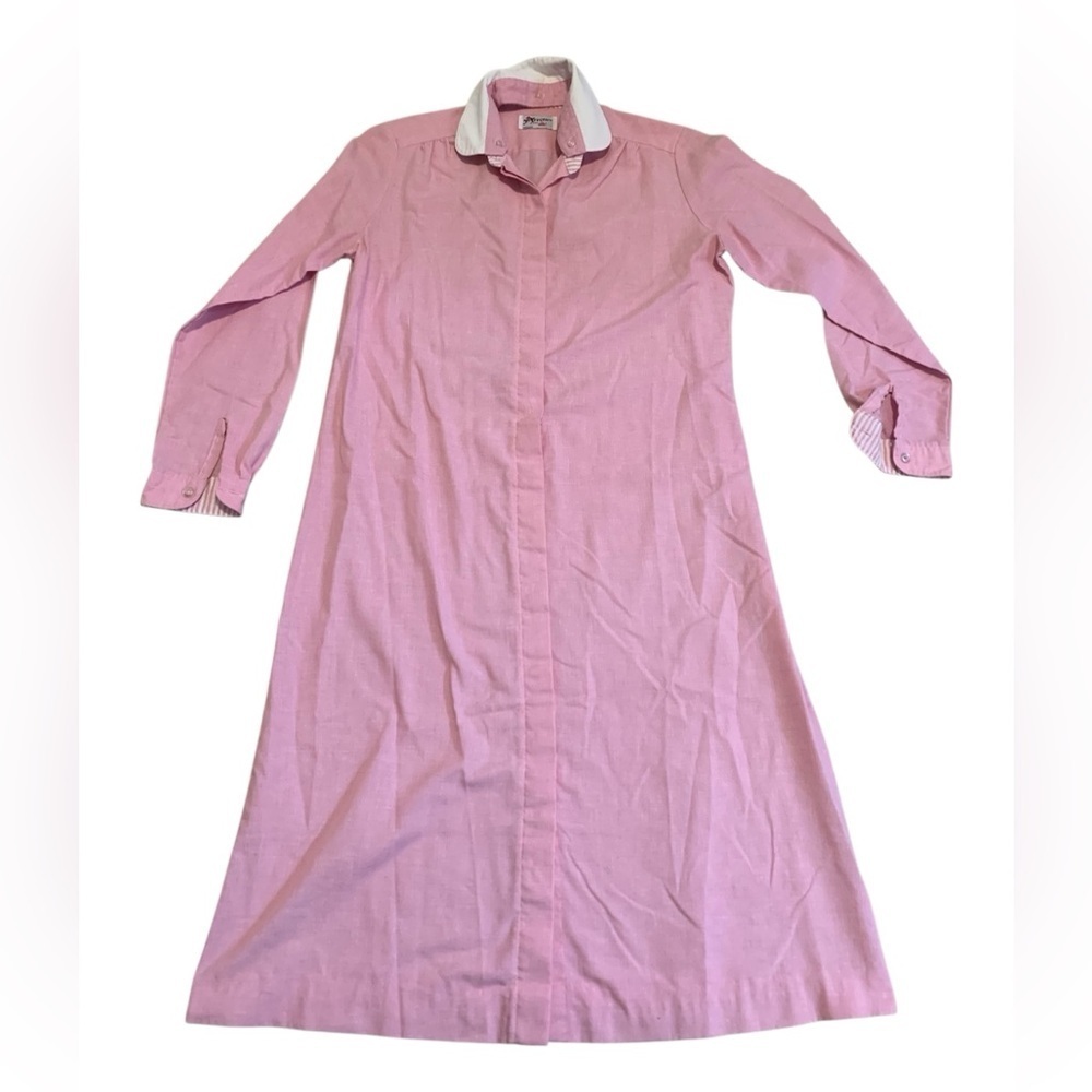 Vintage 70s Arrow Pour Elle Montreal Pink Shirtdress with Striped Accents M